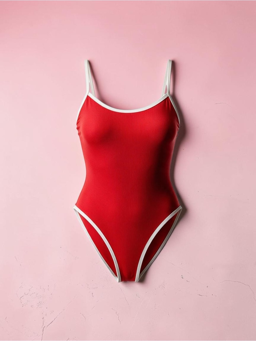 No Boundaries Red Ribbed One Piece Swimsuit White Trim Size M